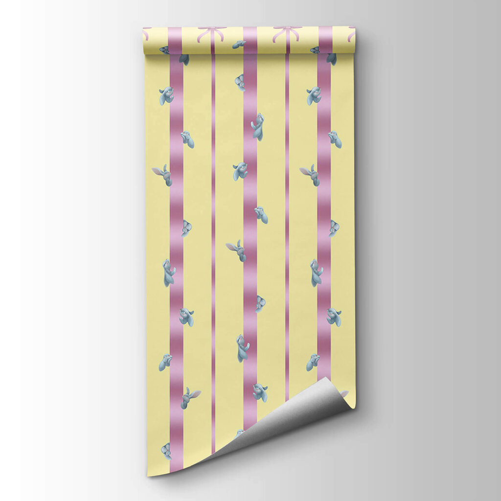 Pink and yellow striped background with birds and bows