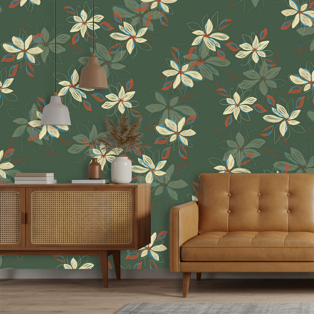 Patroon van witte bloemen en rode bladeren op een groene achtergrond