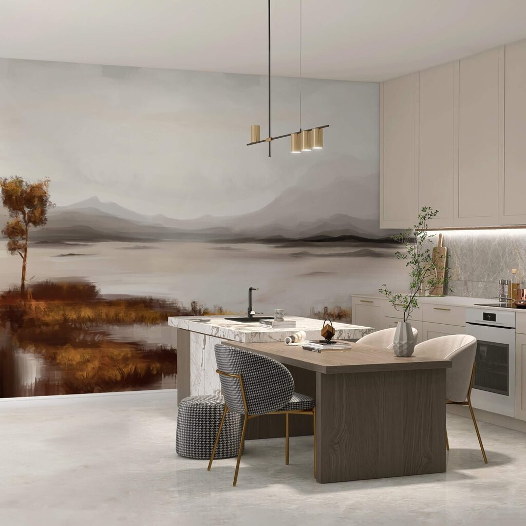 Landschap van een meer met bergen op de achtergrond