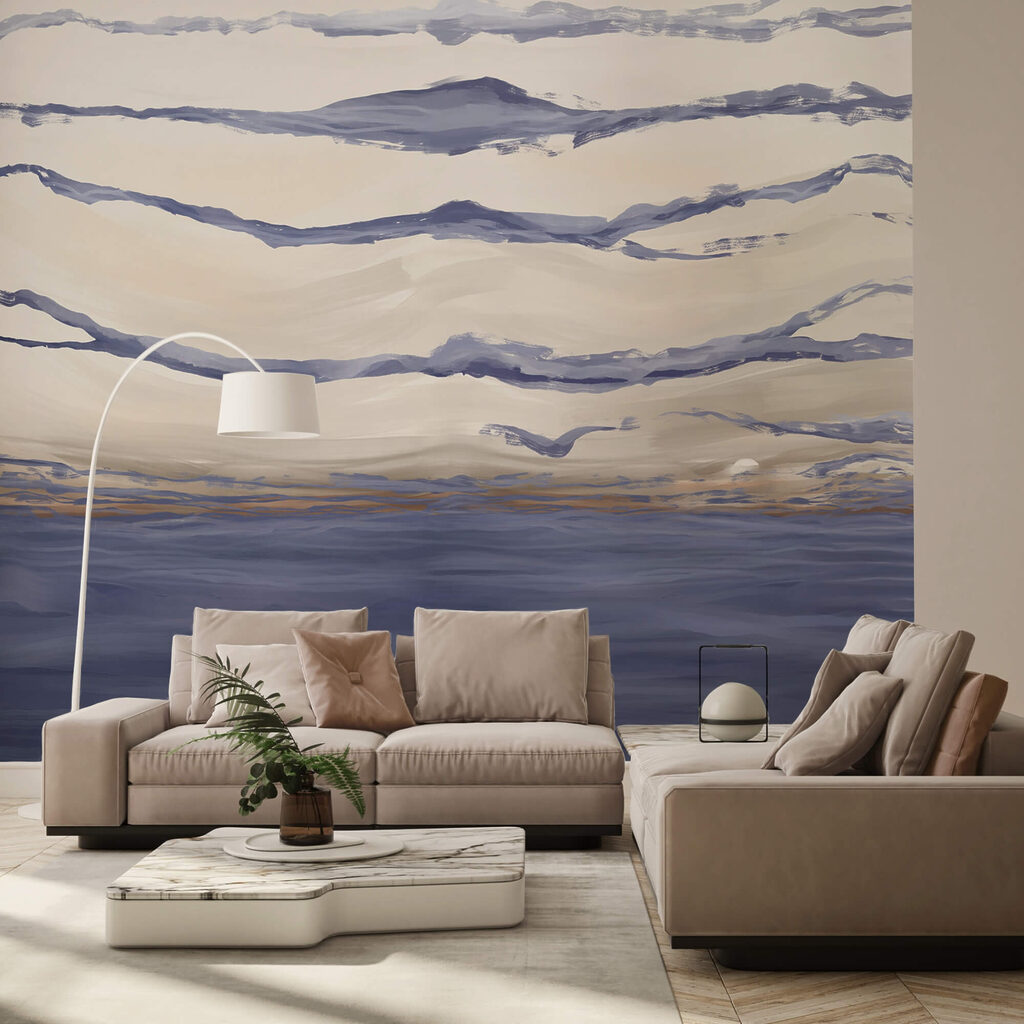 Water met golven en vliegende vogels