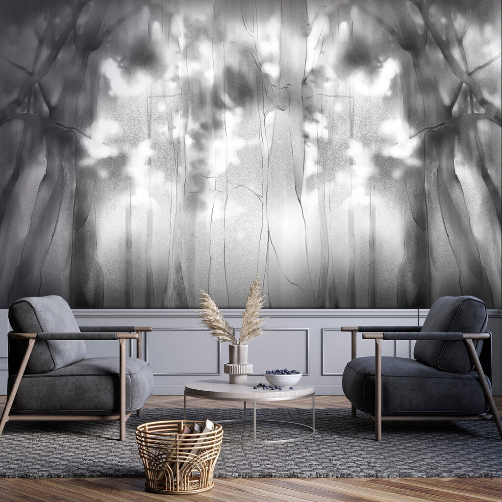 Zwart-witfoto van bomen