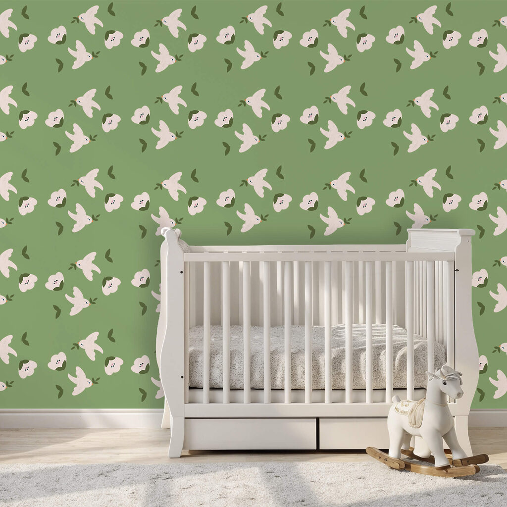 Patroon van witte vogels en groene bladeren Patroon van witte vogels en groene bladeren