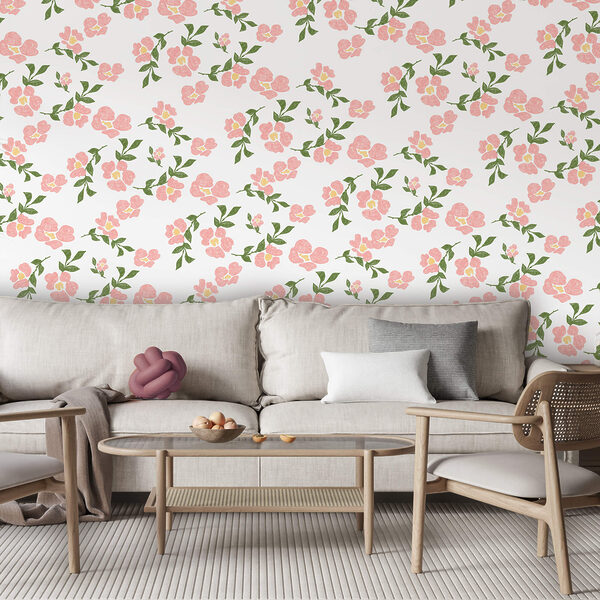 Fotobehang Patroon van roze bloemen en groene bladeren (Artikelnummer: t00591) Fotobehang Fotobehang Patroon van roze bloemen en groene bladeren (Artikelnummer: t00591)