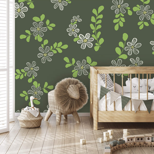 Fotobehang Fotobehang Motief van witte bloemen en groene bladeren (Artikelnummer: t00630)