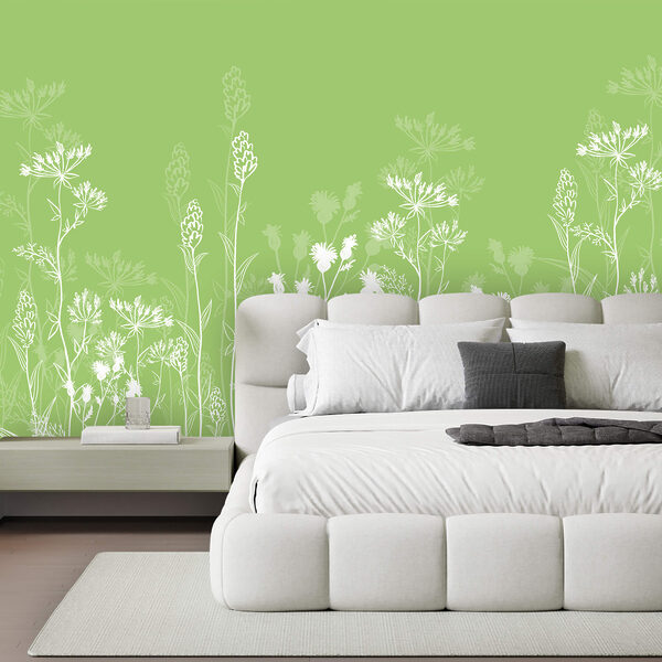 Fotobehang Fotobehang Witte bloemen op een groene achtergrond (Artikelnummer: t00631v1)