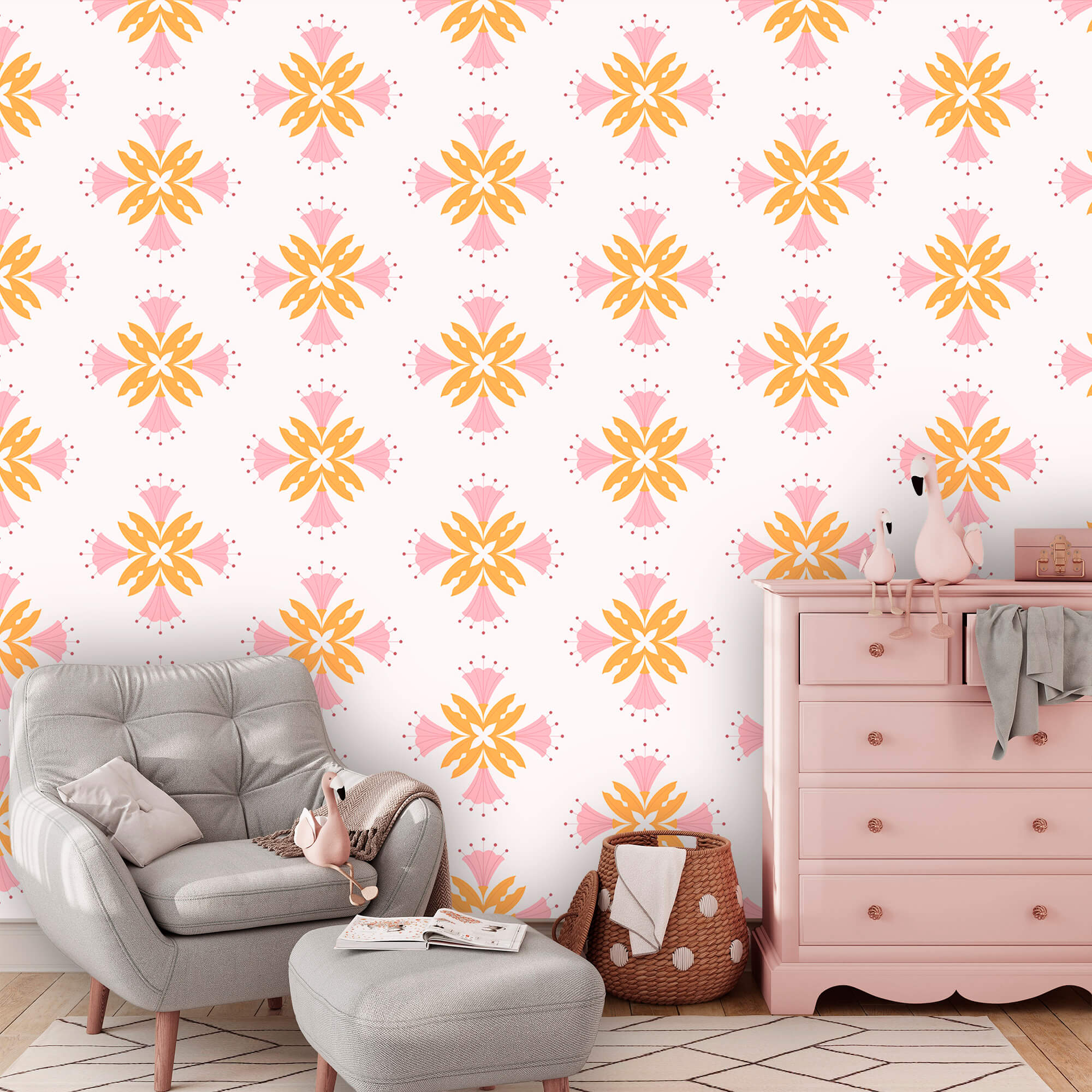 Motief met roze en oranje bloemen