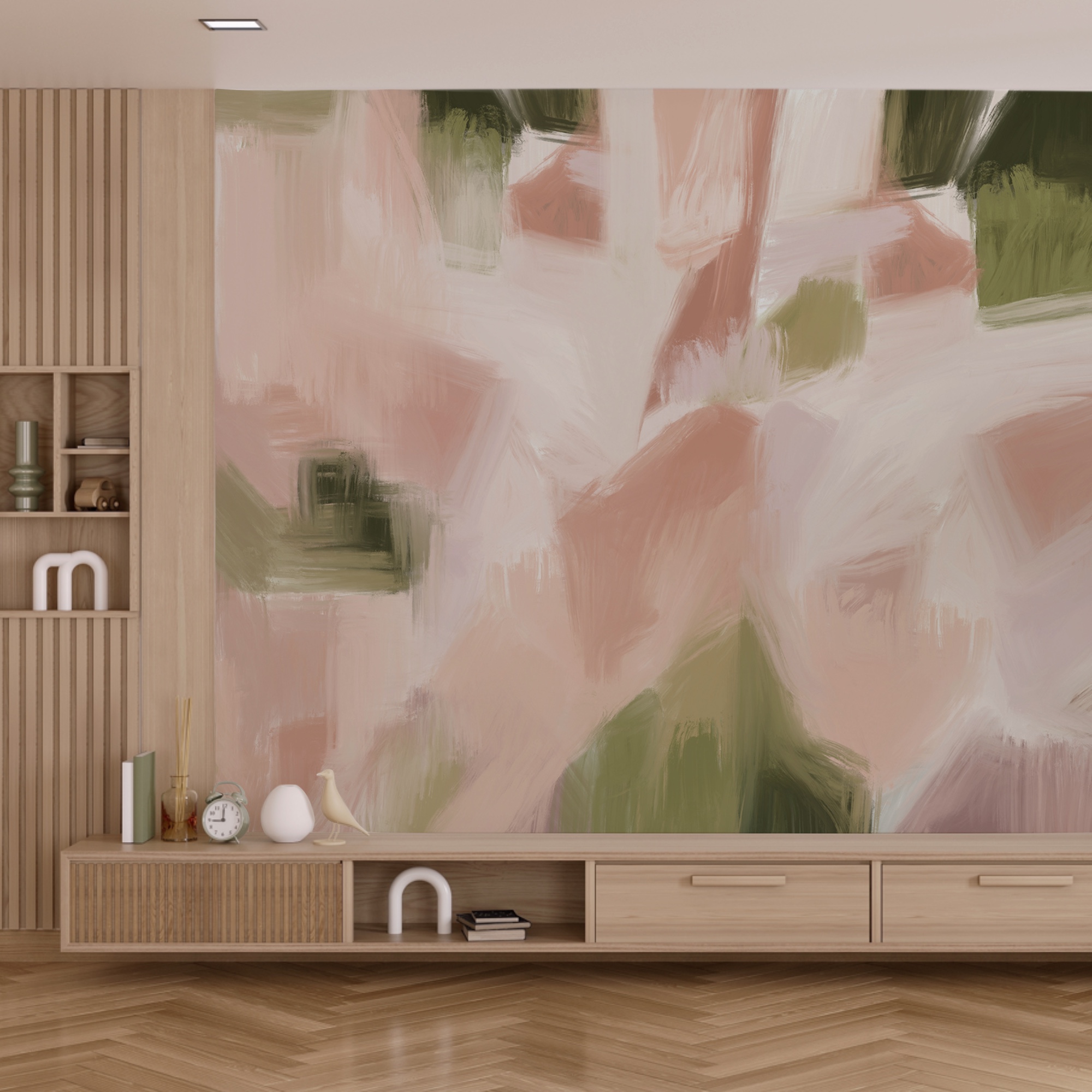 Schilderij met een roze en groene achtergrond