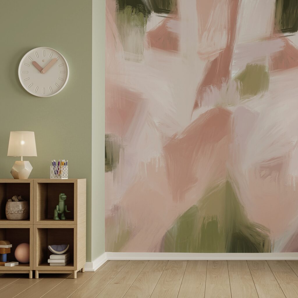 Schilderij met een roze en groene achtergrond