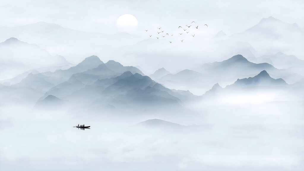 Boat in the water with birds flying in the sky