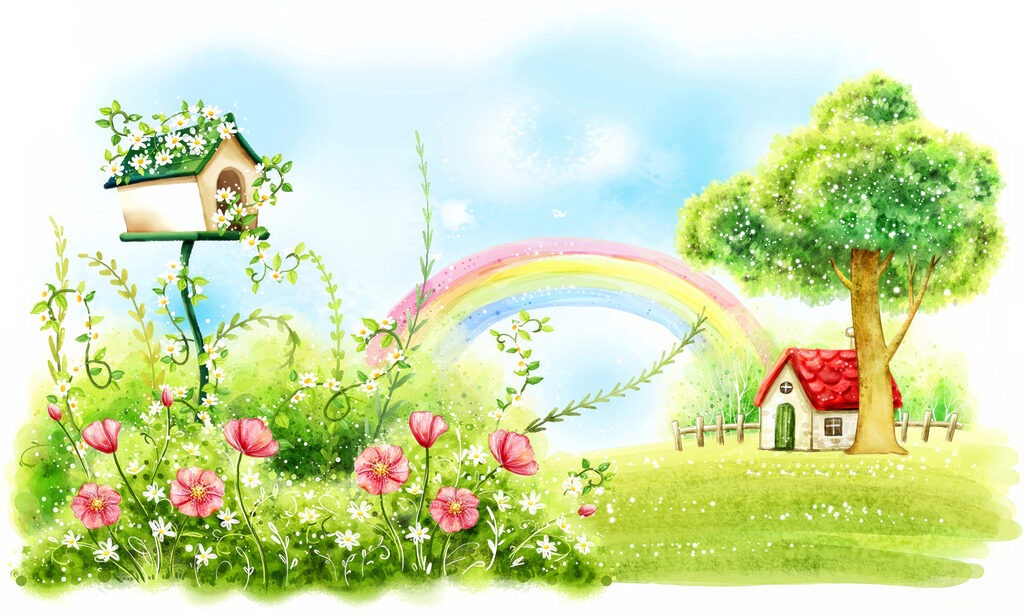 Rainbow and flowers in a green field Rainbow and flowers in a green field