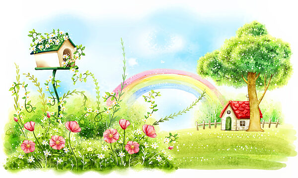 Rainbow and flowers in a green field Rainbow and flowers in a green field