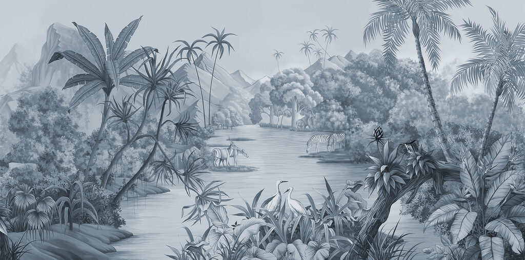 A river with zebras and mountains