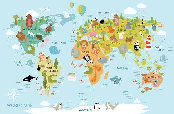 Map of the world with animals