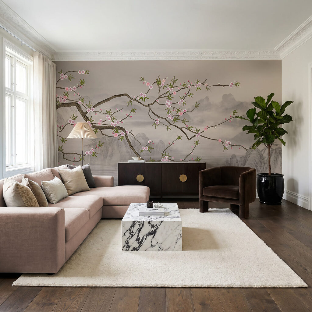 Een boomtak met roze bloemen