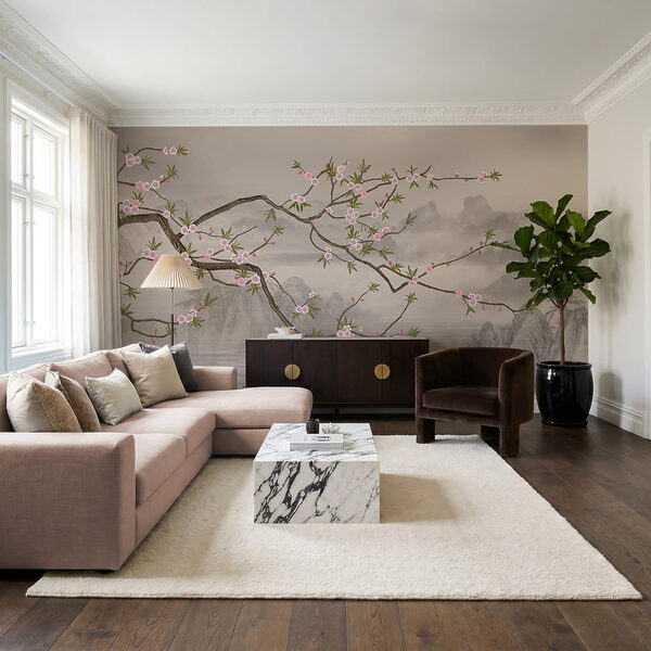 Een boomtak met roze bloemen