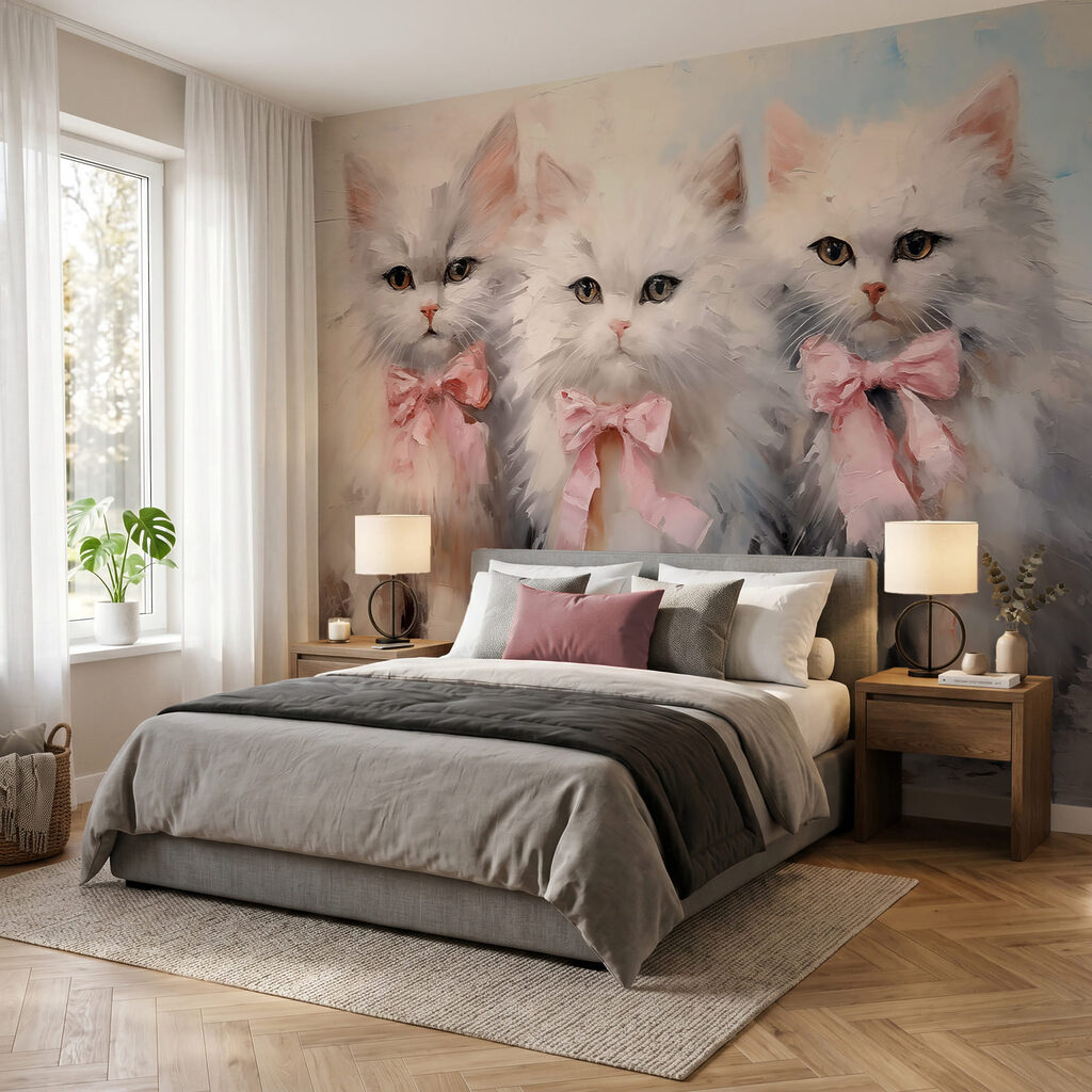 Een groep witte katten met roze strikken