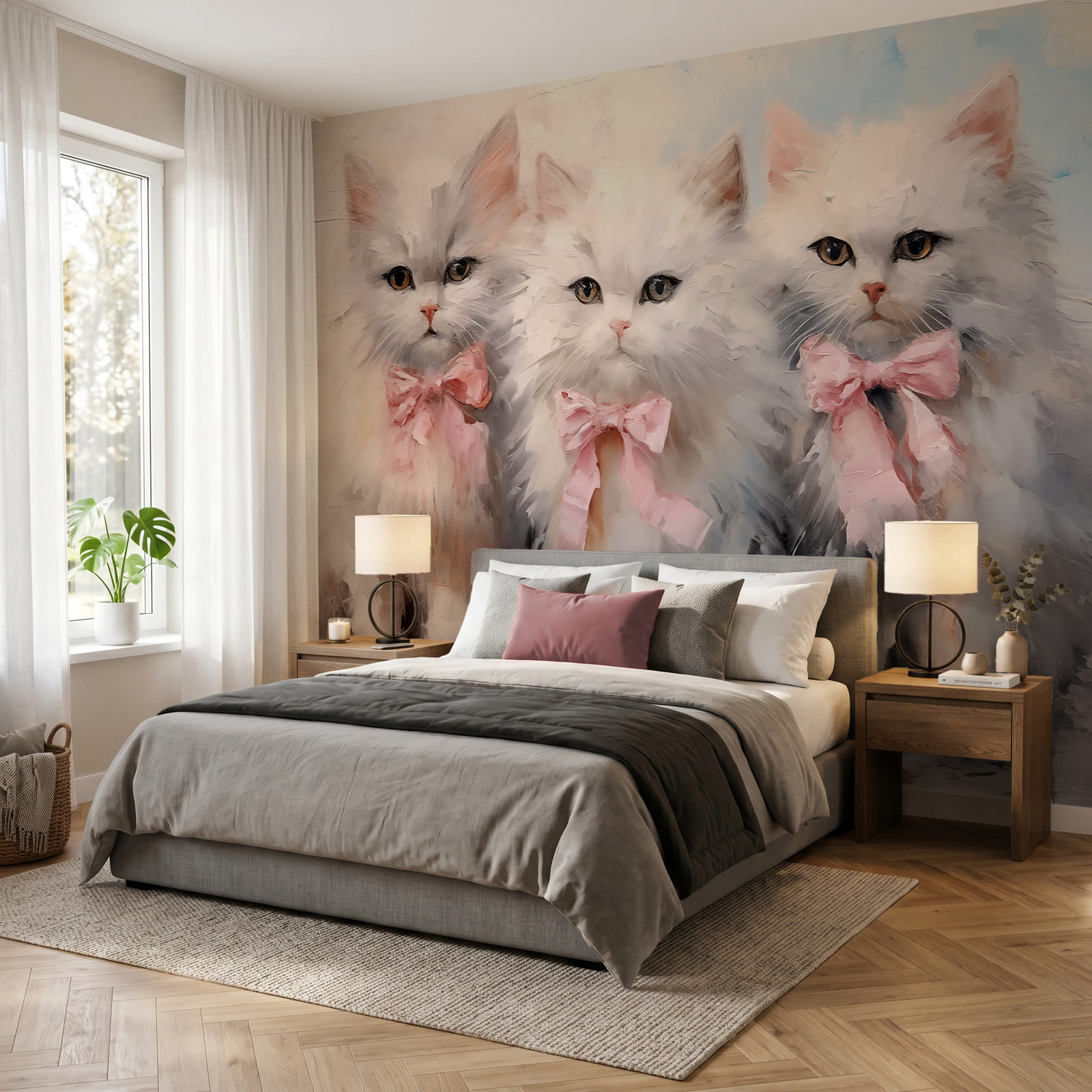 Een groep witte katten met roze strikken