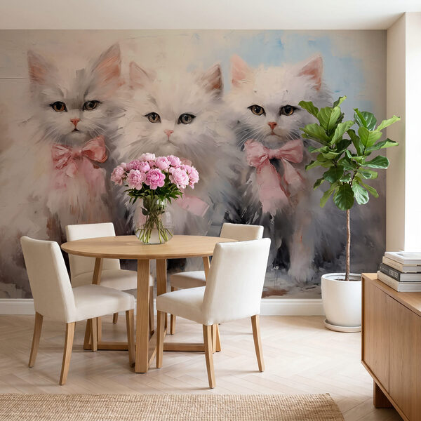 Een groep witte katten met roze strikken