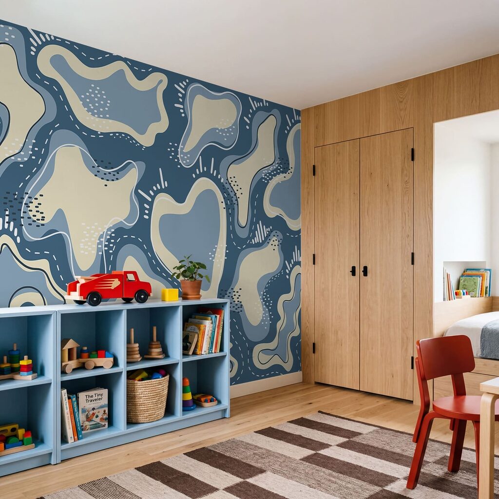 Blauw-witte achtergrond met witte en gele vormen