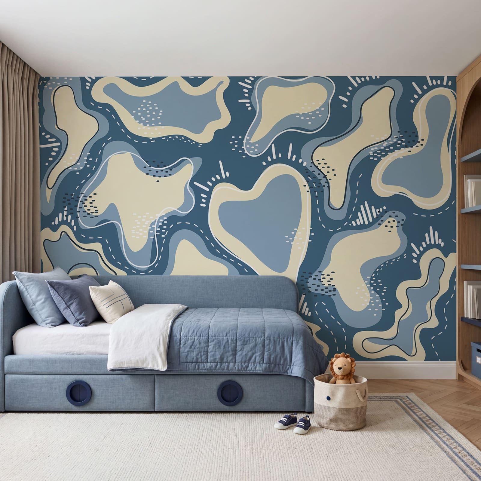 Blauw-witte achtergrond met witte en gele vormen