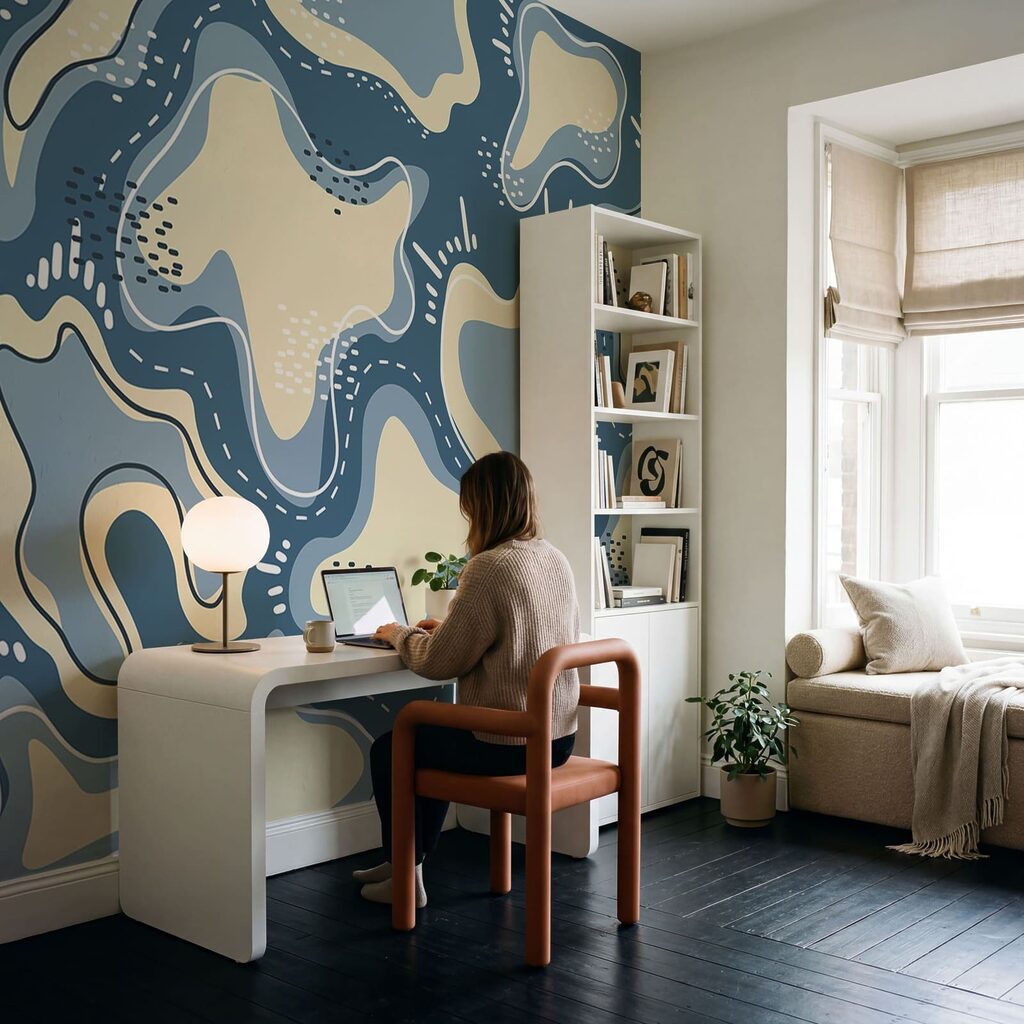 Blauw-witte achtergrond met witte en gele vormen