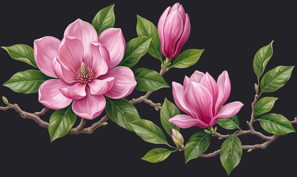 Group of pink flowers with green leaves Group of pink flowers with green leaves