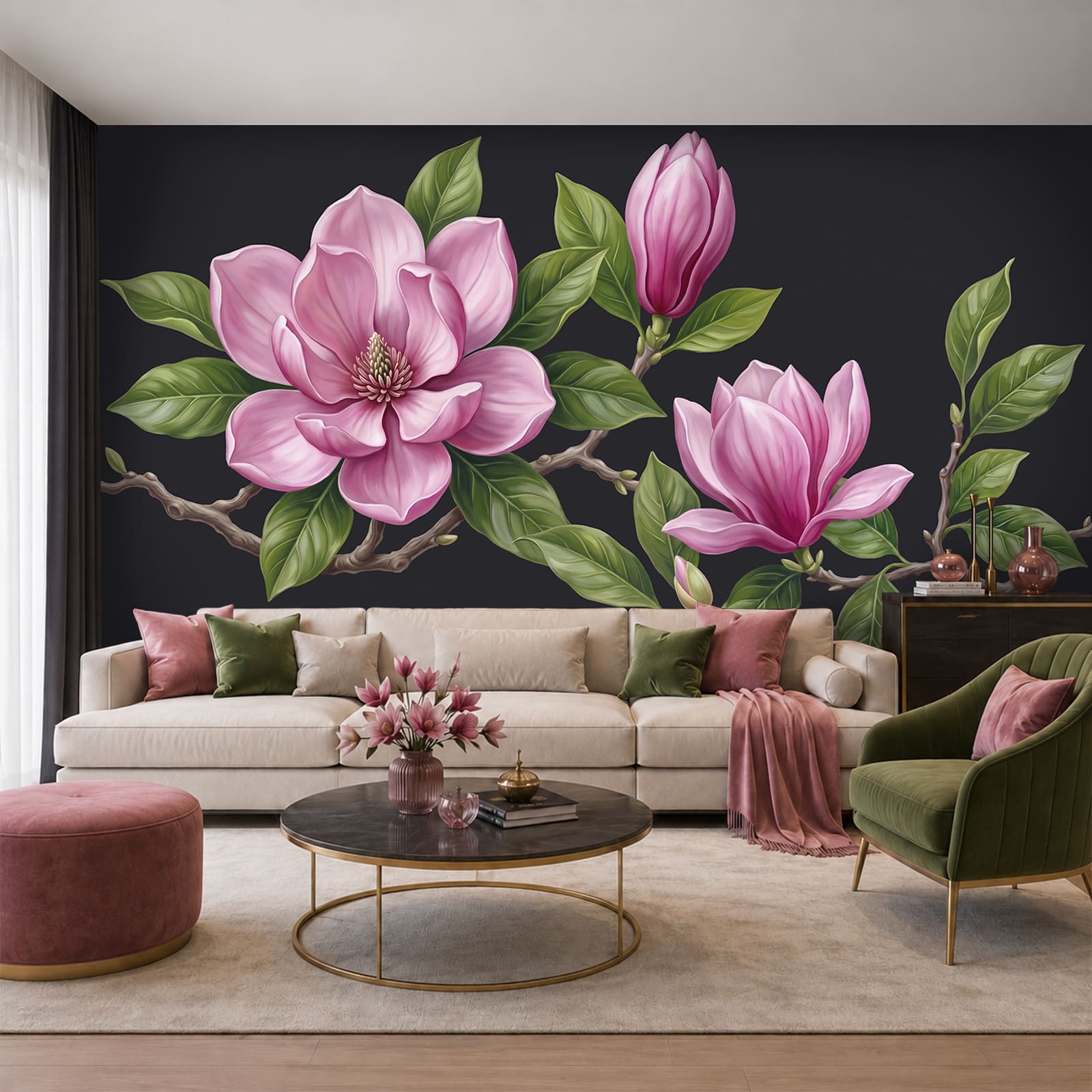 Een bosje roze bloemen met groene blaadjes Een bosje roze bloemen met groene blaadjes
