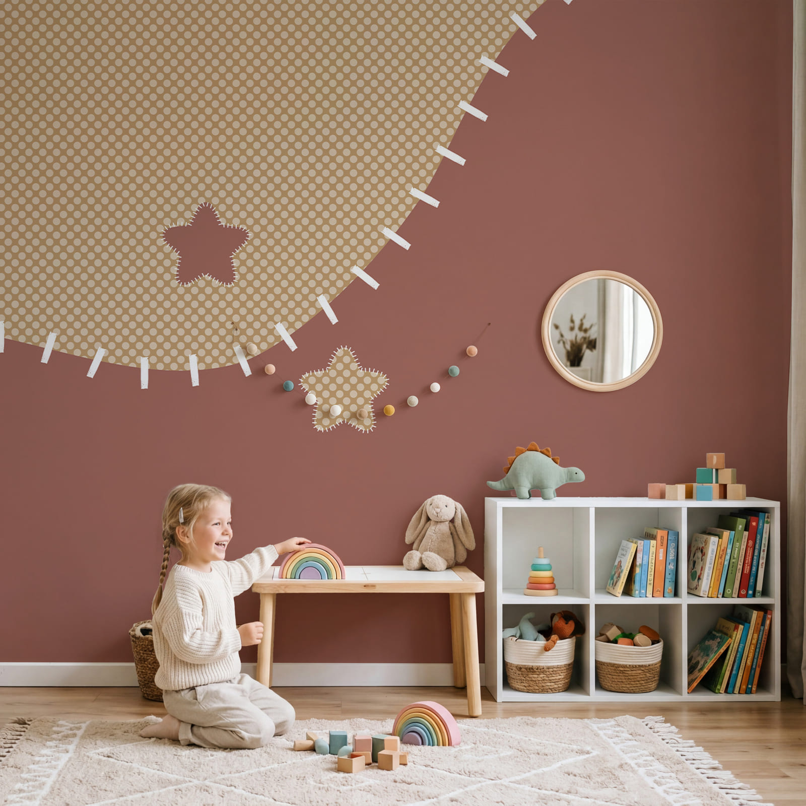 Bruine en beige stof met witte stiksels