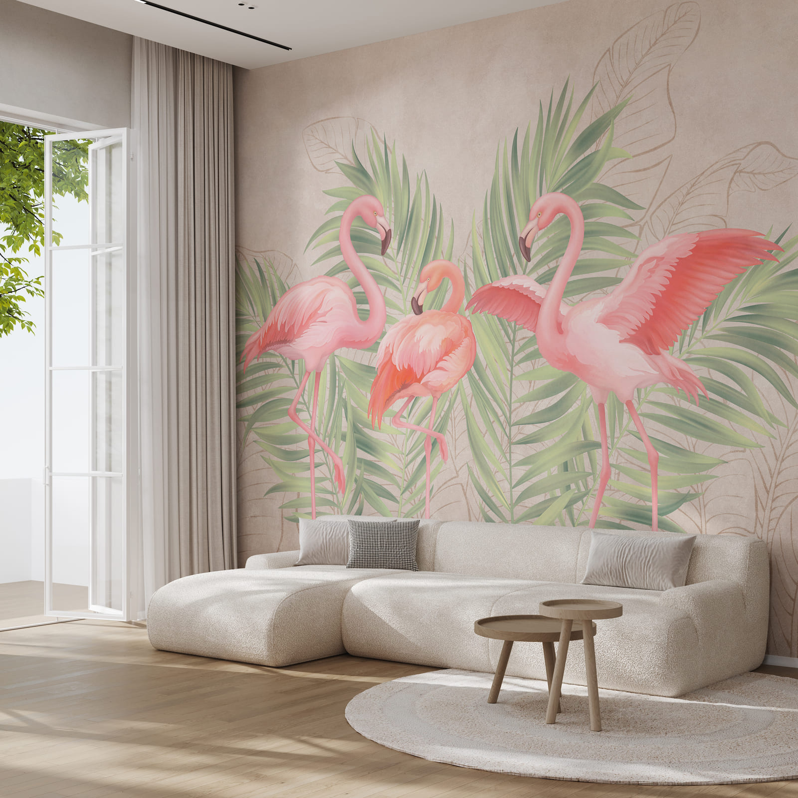 Groep roze flamingo’s met groene bladeren