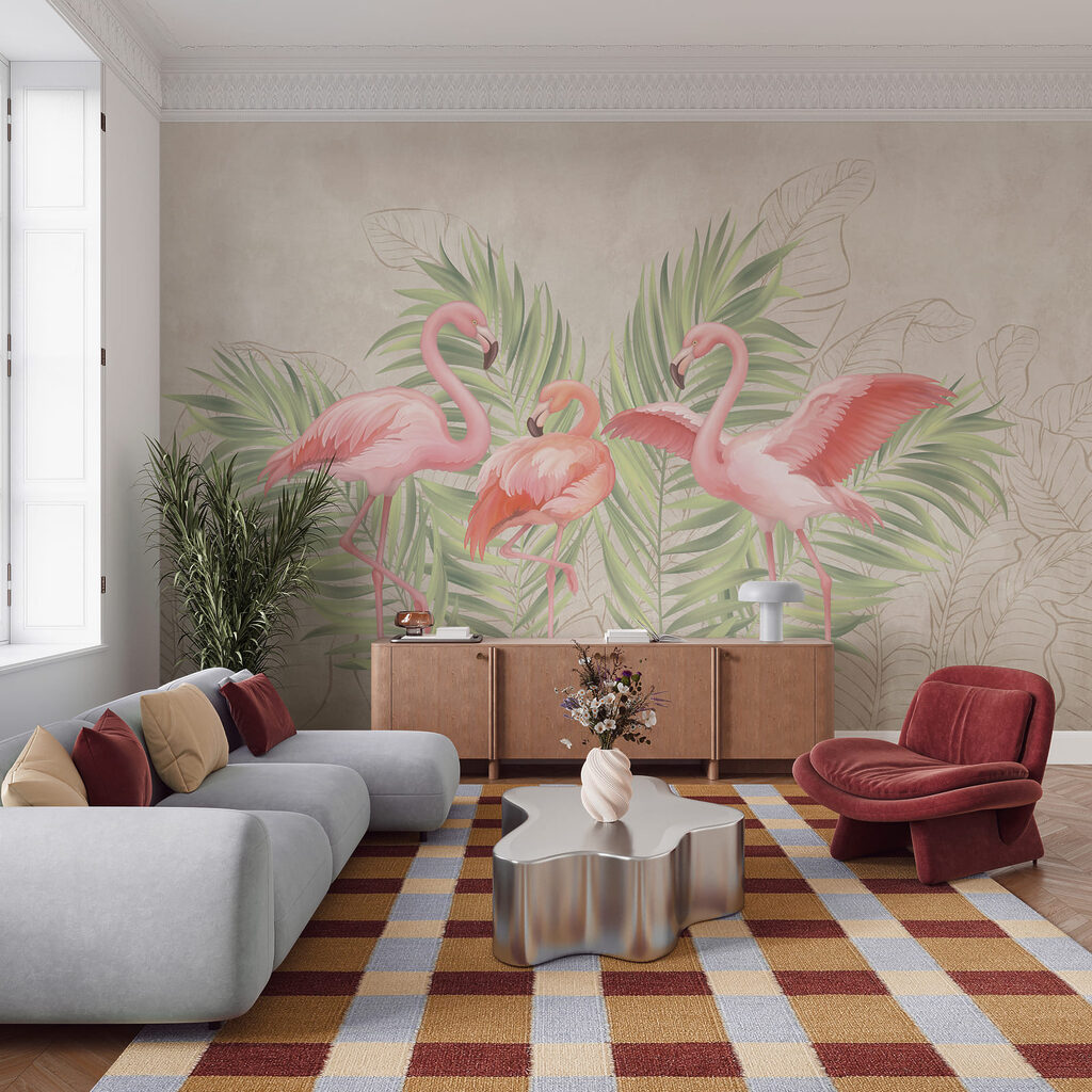 Groep roze flamingo’s met groene bladeren