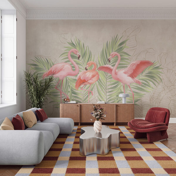 Groep roze flamingo’s met groene bladeren