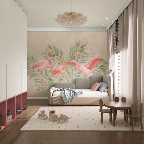 Groep roze flamingo’s met groene bladeren