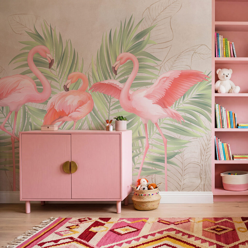 Groep roze flamingo’s met groene bladeren
