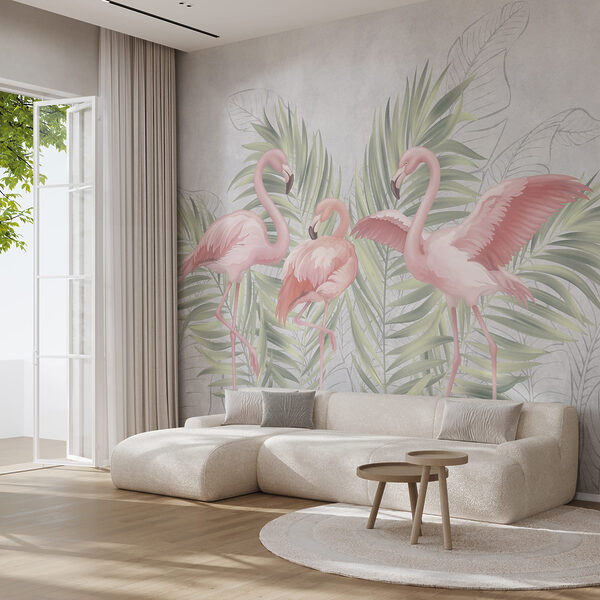 Groep roze flamingo’s met groene bladeren Groep roze flamingo’s met groene bladeren