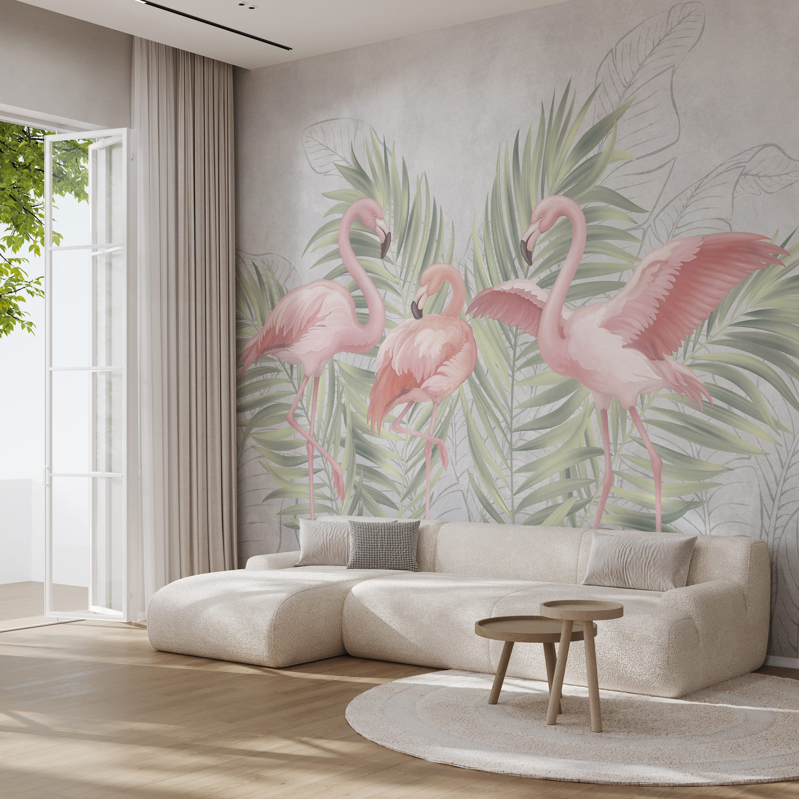 Groep roze flamingo’s met groene bladeren Groep roze flamingo’s met groene bladeren