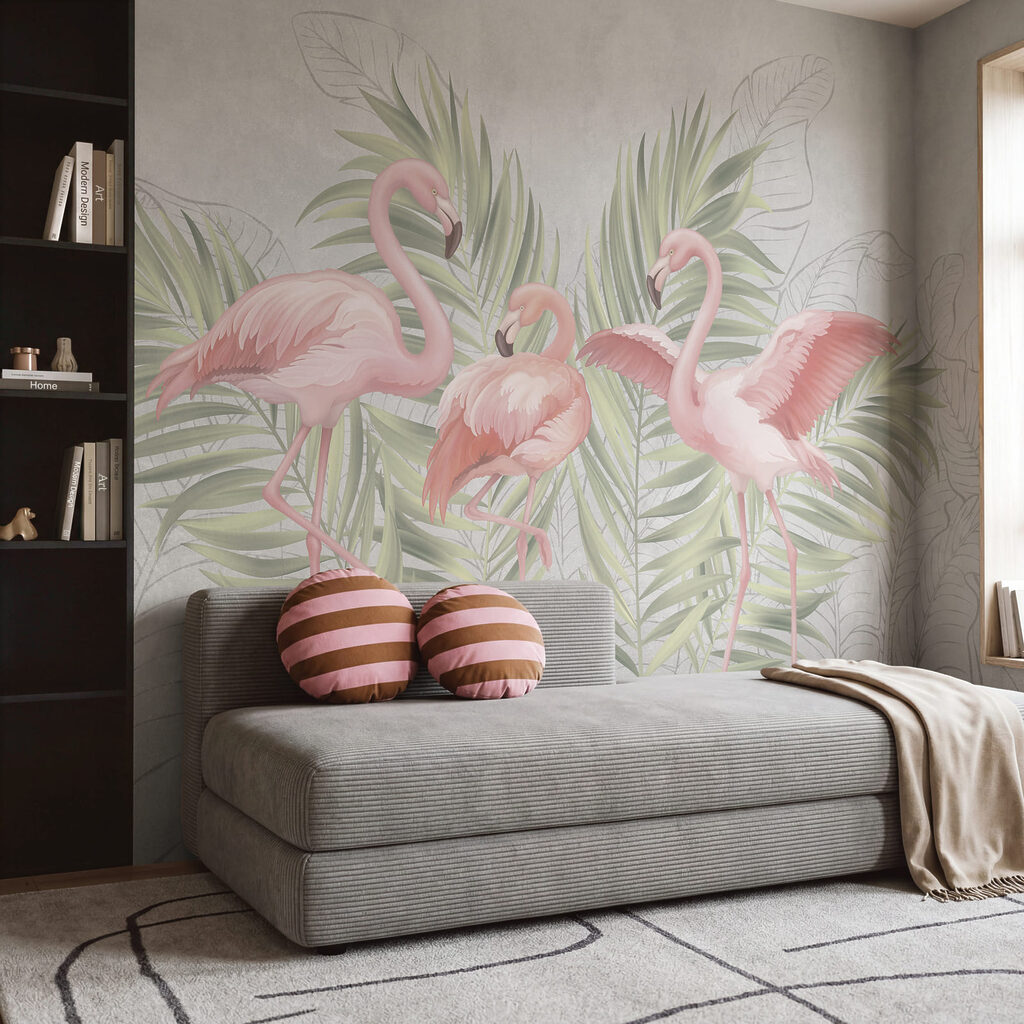 Groep roze flamingo’s met groene bladeren Groep roze flamingo’s met groene bladeren