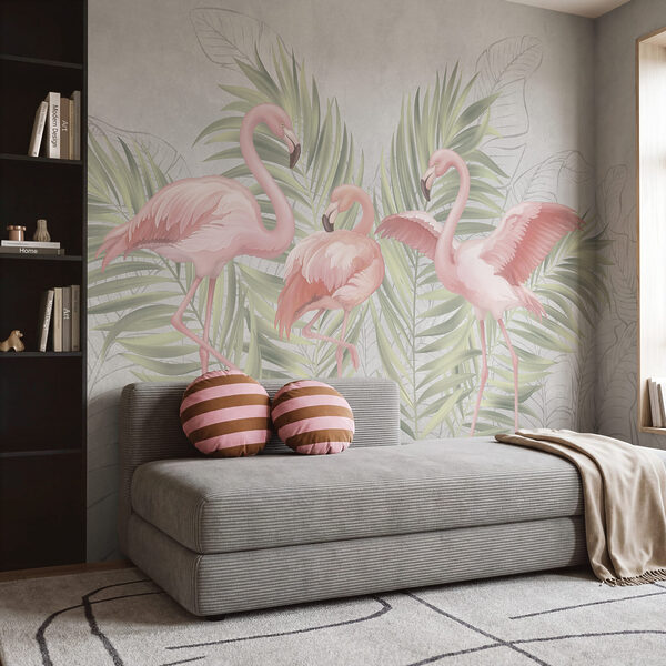 Groep roze flamingo’s met groene bladeren Groep roze flamingo’s met groene bladeren