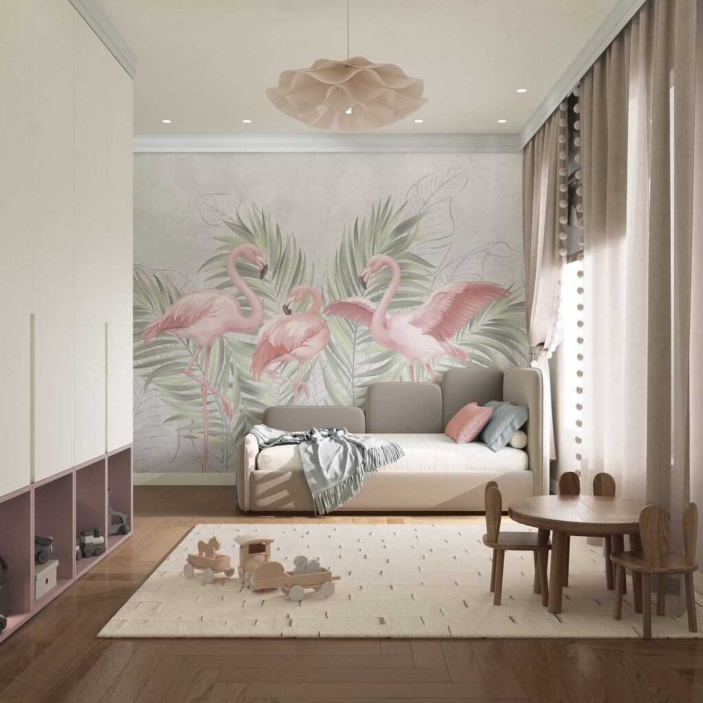 Groep roze flamingo’s met groene bladeren Groep roze flamingo’s met groene bladeren