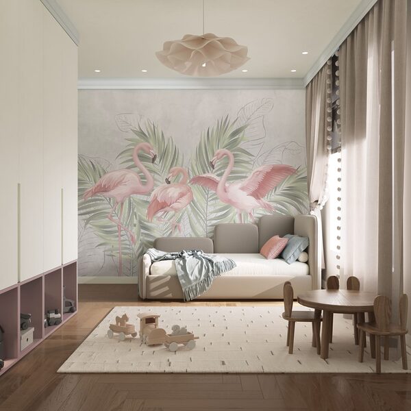 Groep roze flamingo’s met groene bladeren Groep roze flamingo’s met groene bladeren