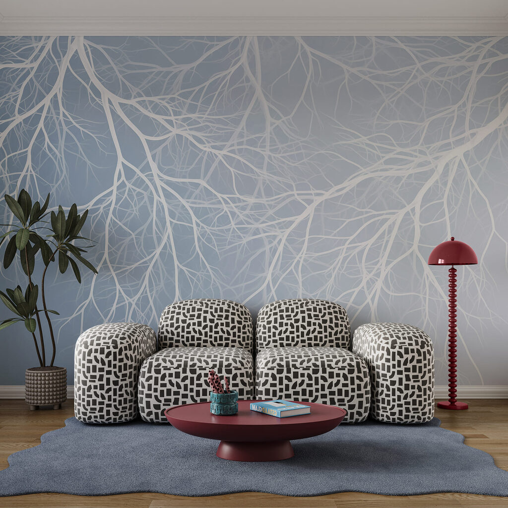 Witte takken op een blauwe achtergrond