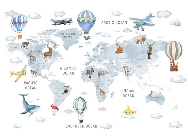 Map of the world with animals and birds Map of the world with animals and birds