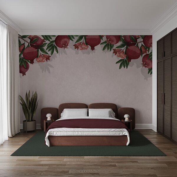 Behang met een motief van rode vruchten en bloemen