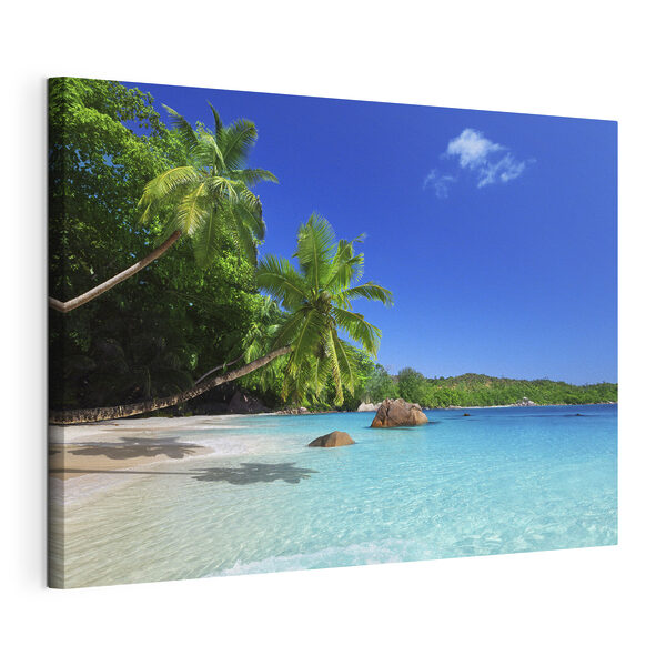 Een strand met palmbomen en blauw water Canvas Schilderijen Een strand met palmbomen en blauw water
