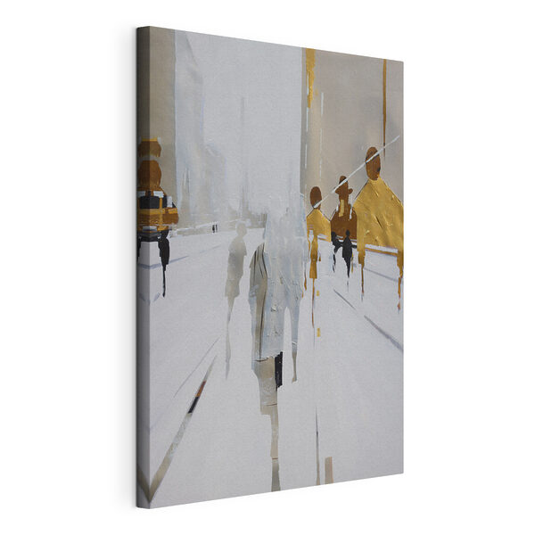 Canvas Schilderijen Een schilderij van mensen die op een besneeuwde straat lopen