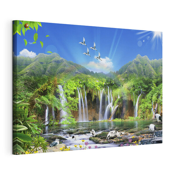 Canvas Schilderijen Een waterval met overvliegende vogels