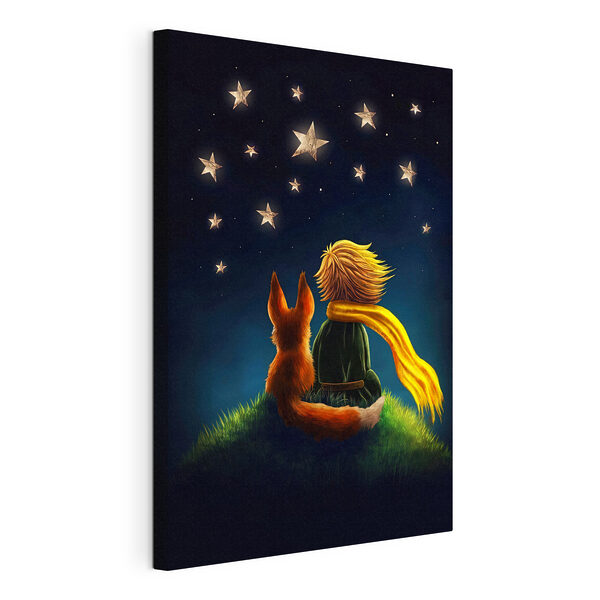 Een vos en een kleine prins kijken naar sterren Canvas Schilderijen Een vos en een kleine prins kijken naar sterren