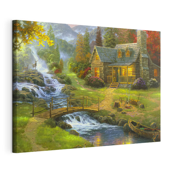 Canvas Schilderijen Een schilderij van een blokhut met een brug over een rivier
