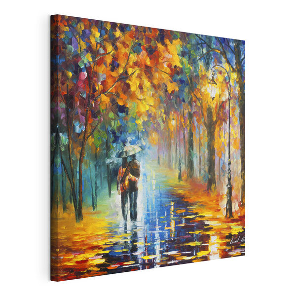 Canvas Schilderijen Een schilderij van een stel wandelend in een park met bomen en een lantaarnpaal