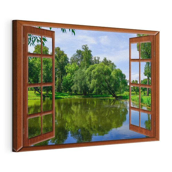 Canvas Schilderijen Een raam met een meer en bomen (Artikelnummer: s17004) Canvas Schilderijen Canvas Schilderijen Een raam met een meer en bomen (Artikelnummer: s17004)