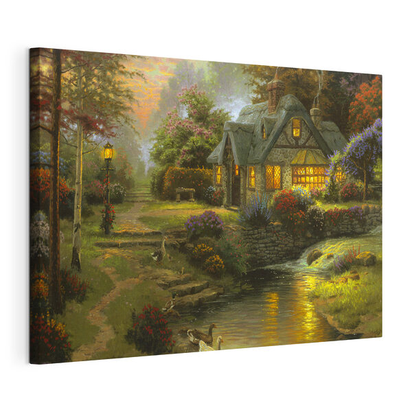 Canvas Schilderijen Een schilderij van een huisje bij een rivier